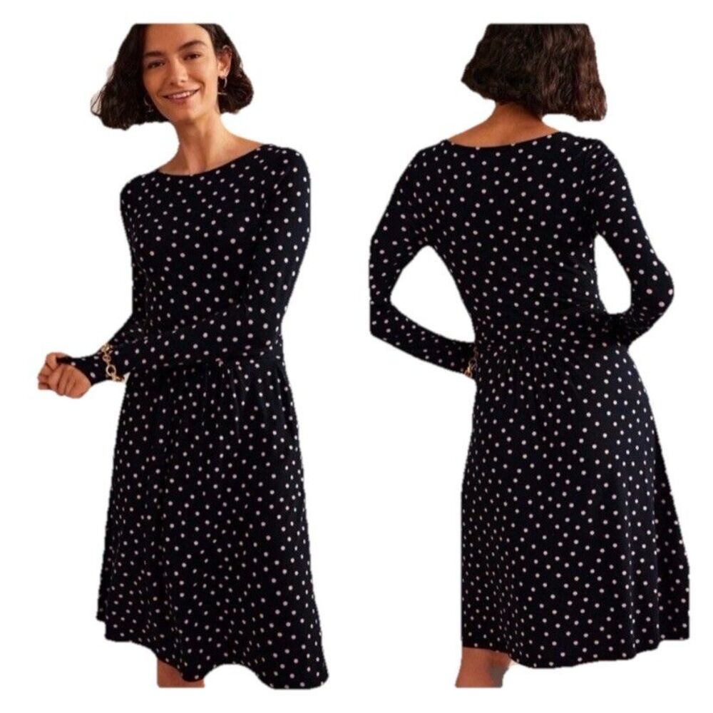 Boden Abigail Jersey Knit Long Sleeve Dress Black Pink Polka Dot Size 10 L
